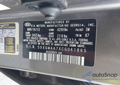 2012 Kia Optima Lx from USA, damaged, VIN 5XXGM4A7XCG061865